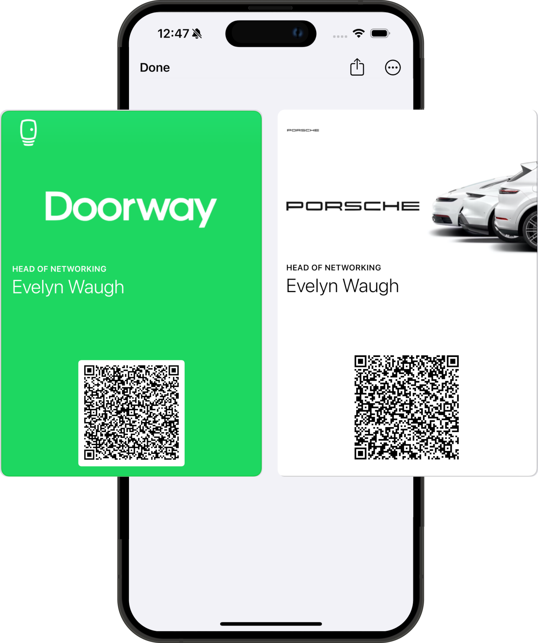 Digital phone wallet showing Doorway's multiple digital business card per user functionality. 