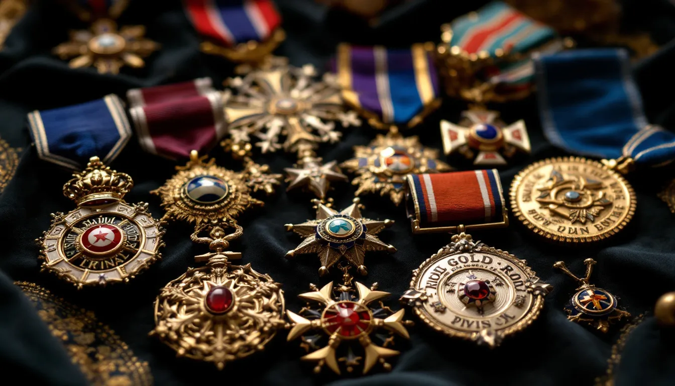 Skup medali i odznaczeń, w tle widoczne różne medale.