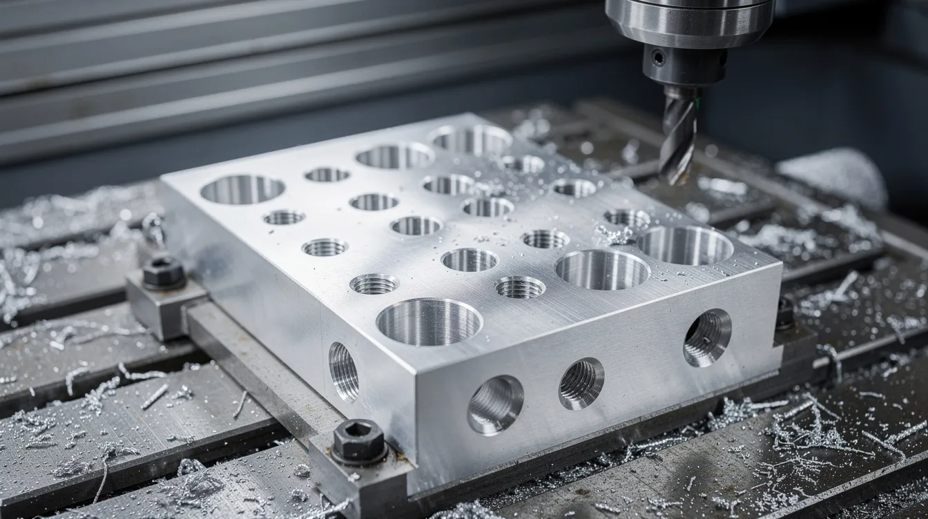 The image shows an aluminum block placed on a CNC mill table, featuring multiple tapped blind holes of varying sizes, each designed for precise internal threading. The holes exhibit different thread pitches and depths, demonstrating the intricate specifications required for accurate machining and reliable engagement with screws or bolts.