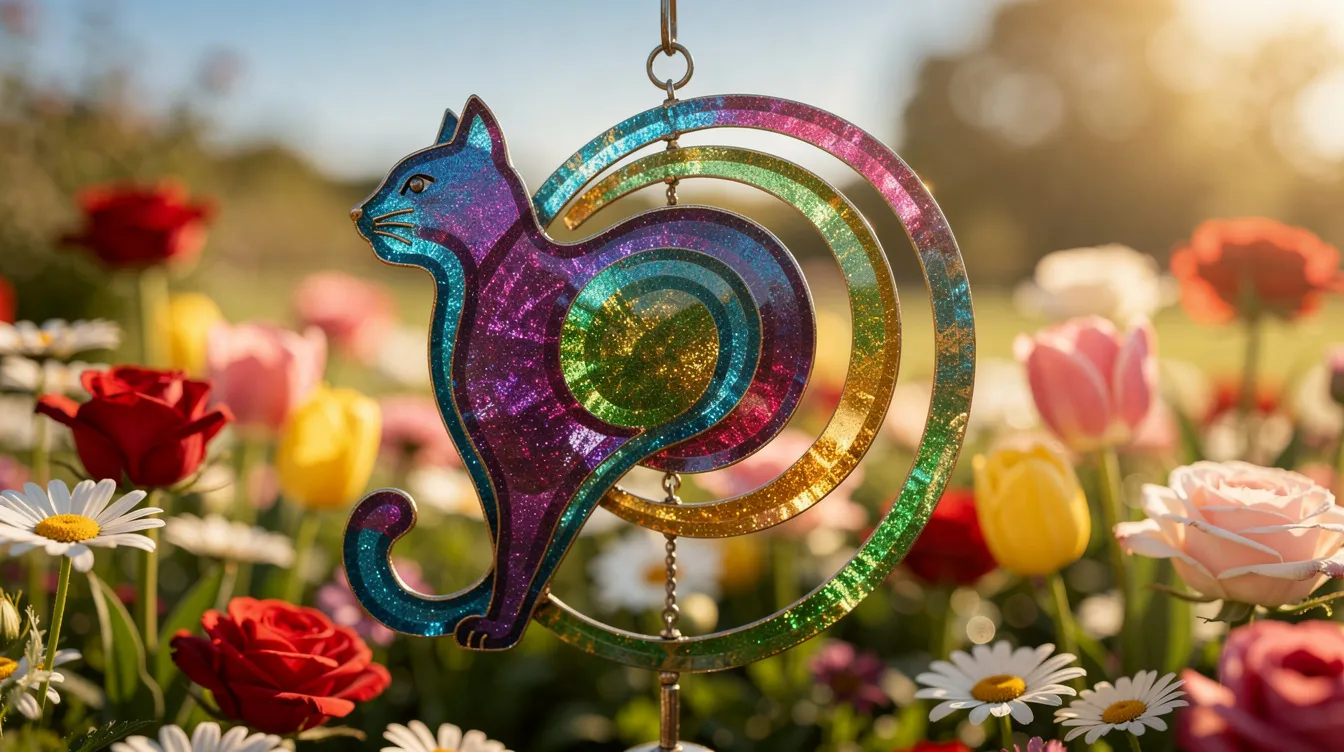 A vibrant metal wind spinner shaped like a cat spins gracefully in a sunny garden surrounded by colorful flowers, adding a playful touch to the outdoor scene. The design features bright ribbons and lights that catch the eye, evoking a sense of fun and joy.