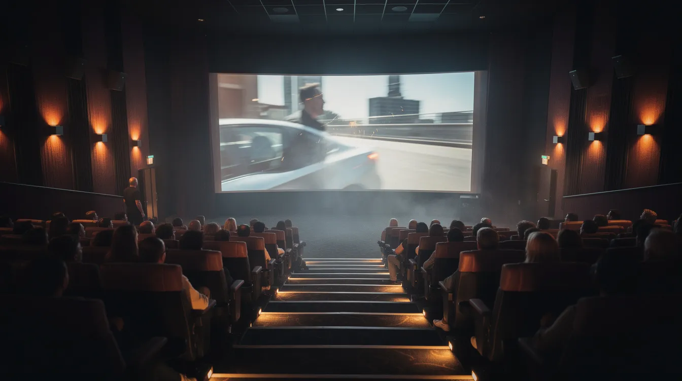 Der Kinosaal zeigt eine große Leinwand, auf der ein spannender Film läuft, während die Zuschauer in den dunklen Sitzreihen gebannt auf die Handlung achten. Die Atmosphäre ist von warmem Licht durchzogen, das die emotionale Intensität des Films und der Filmmusik unterstützt.