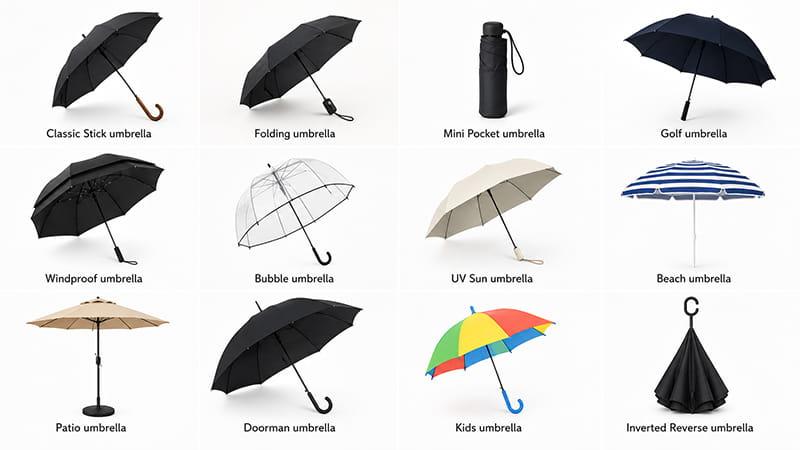 Twelve types of umbrellas compared for events, gifts, travel, hotels, and outdoor branding