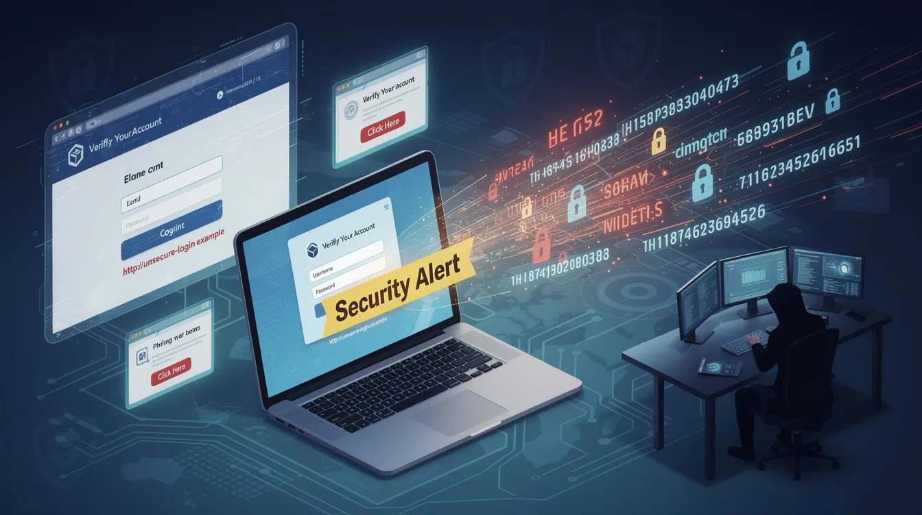 The illustration depicts a corporate laptop surrounded by phishing emails and a fake website, highlighting the threat of identity theft and cyber attacks. Login credentials are shown flowing towards a hacker silhouette, emphasizing the risks of social engineering attacks and the need for robust cybersecurity measures to protect sensitive data.