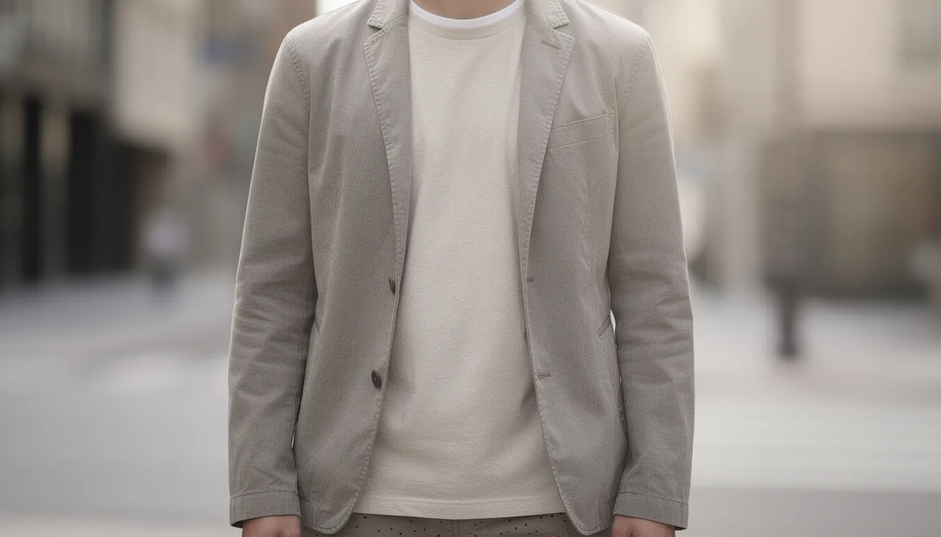 The image shows a person wearing a layered outfit, featuring a visible cotton t-shirt underneath a stylish jacket. The cotton, a natural fiber, is breathable and gentle on the skin, making it a preferable choice for those with sensitive skin, unlike polyester, which can trap heat and sweat.