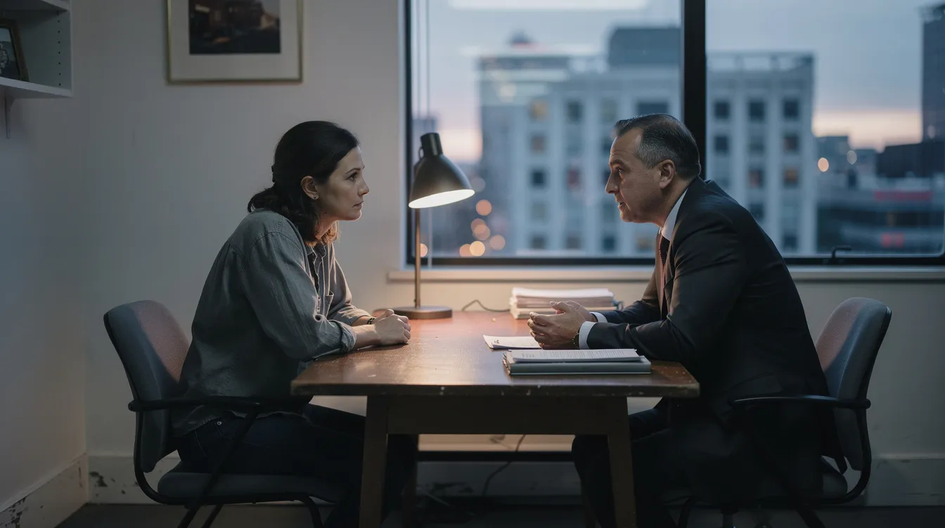 A Seattle DUI attorney in dark business attire is engaged in a serious consultation with a concerned client at a simple desk in a modern office, illuminated by soft ambient lighting and a faint view of the Seattle cityscape through the window. The scene captures the candid atmosphere of a legal discussion, reflecting the complexities of DUI charges and the legal process in Washington state.