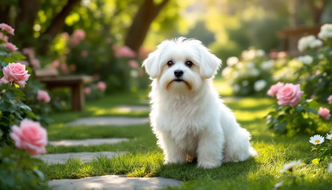 A Maltese dog, known for its long, silky white coat, is sitting gracefully in a vibrant garden, surrounded by colorful flowers. This small dog breed is a popular choice among pet lovers for its affectionate nature and playful personality.