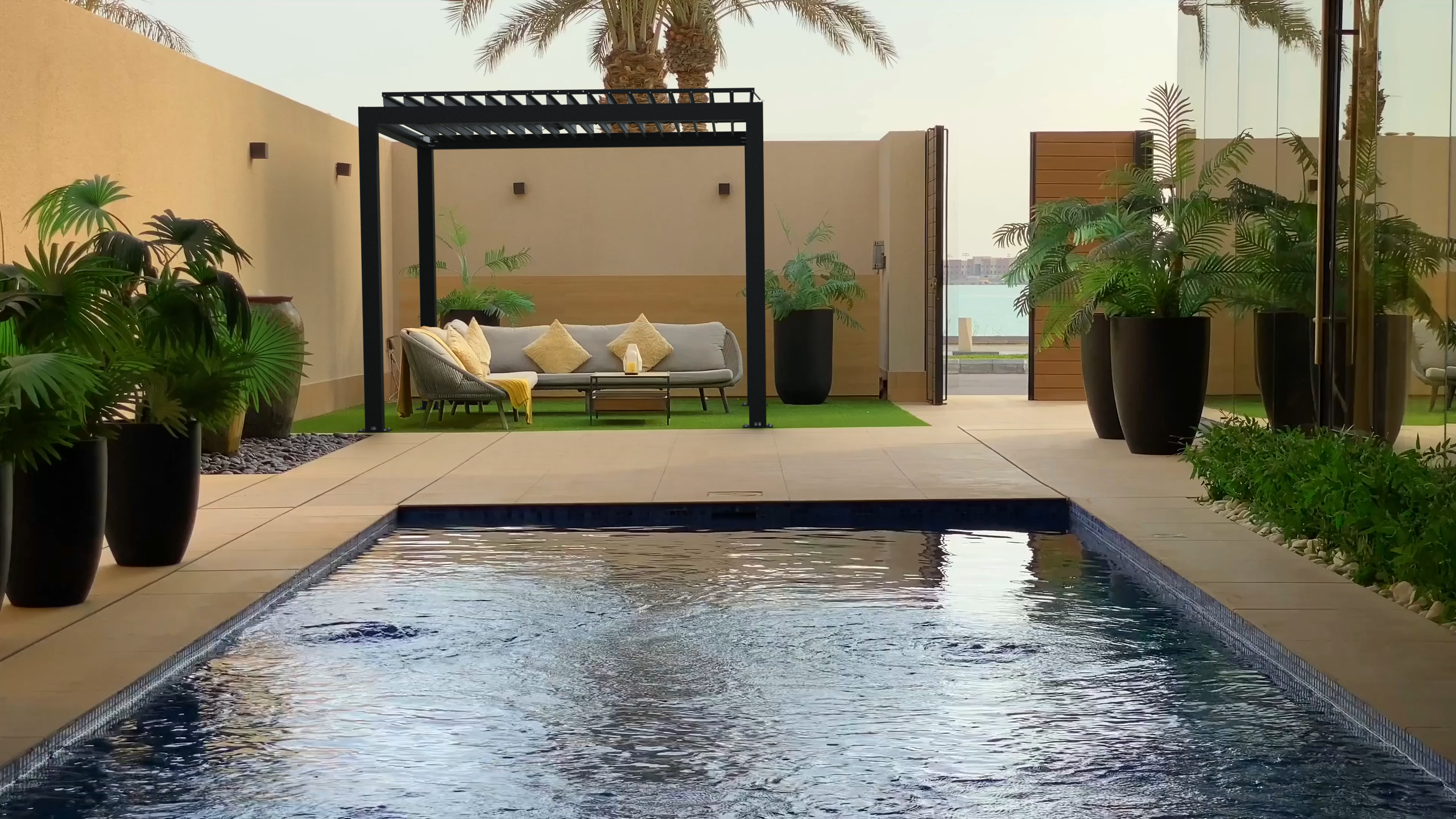 Even smaller spaces can utilize a luxury pergola to create a besutiful outdoor living space.