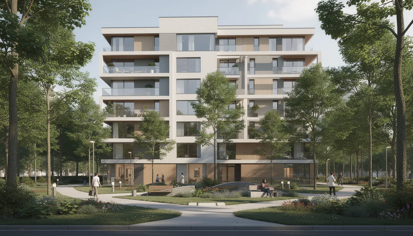 Na zdjęciu widoczny jest nowoczesny blok mieszkalny otoczony bujną zielenią i drzewami, co sprawia, że jest to idealne miejsce do życia. Tereny zielone w okolicy oraz bliskość natury stanowią dodatkowy atut tej lokalizacji w Bielanach, co może zainteresować osoby poszukujące mieszkań w Warszawie.