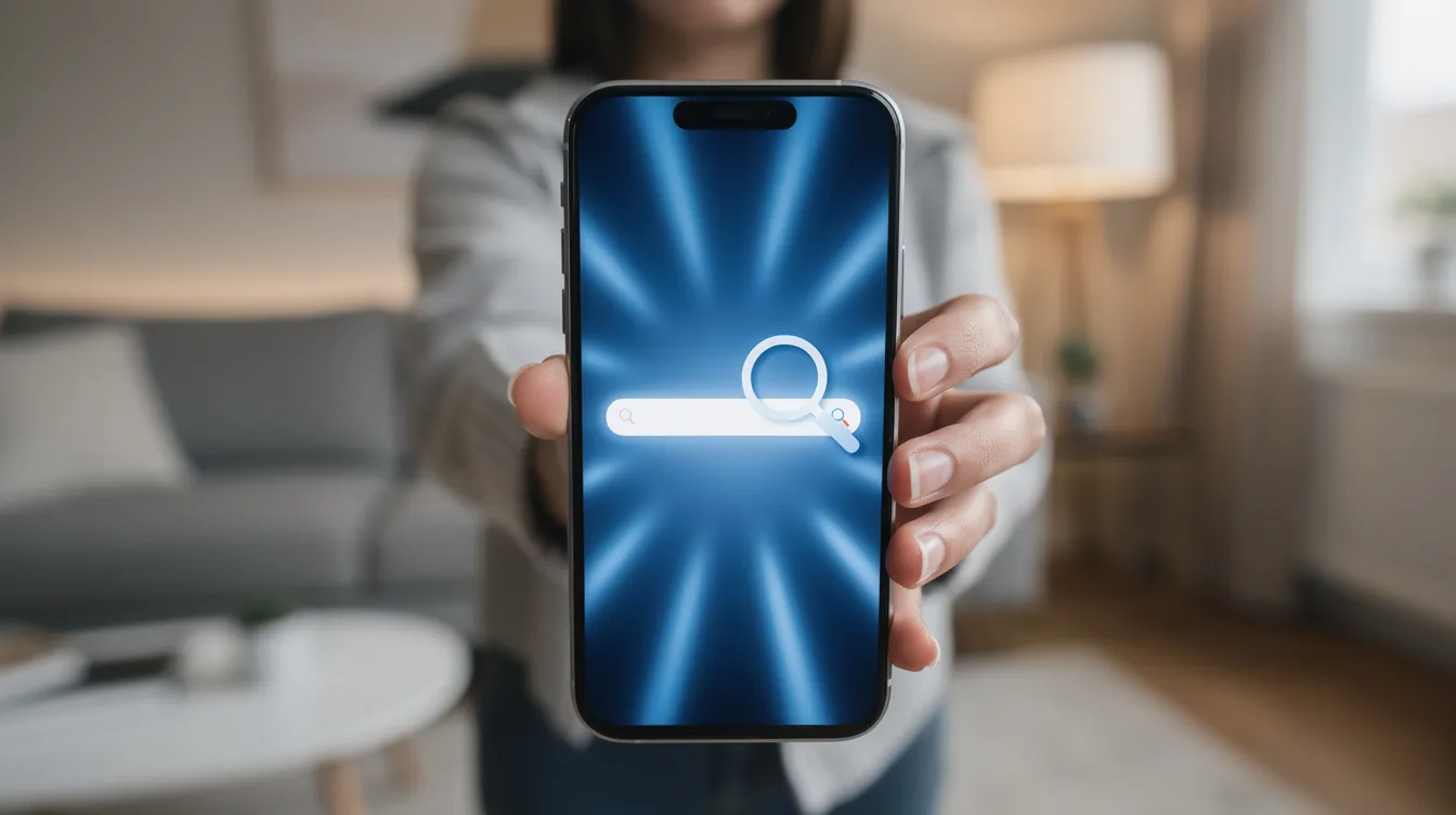 A person is holding an Android phone displaying a glowing search interface with an intelligent search box, set in a modern home environment. The screen showcases a new version of Google search, featuring AI-powered summaries and search results that enhance the user's search experience.