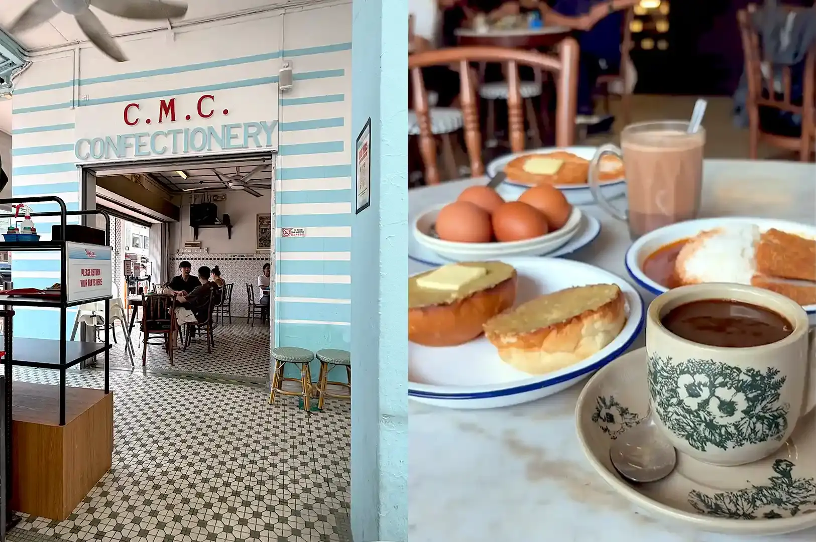 The vibrant exterior and bustling interior of Chin Mee Chin Confectionery, showcasing grilled kaya toast, soft-boiled eggs, and traditional coffee.