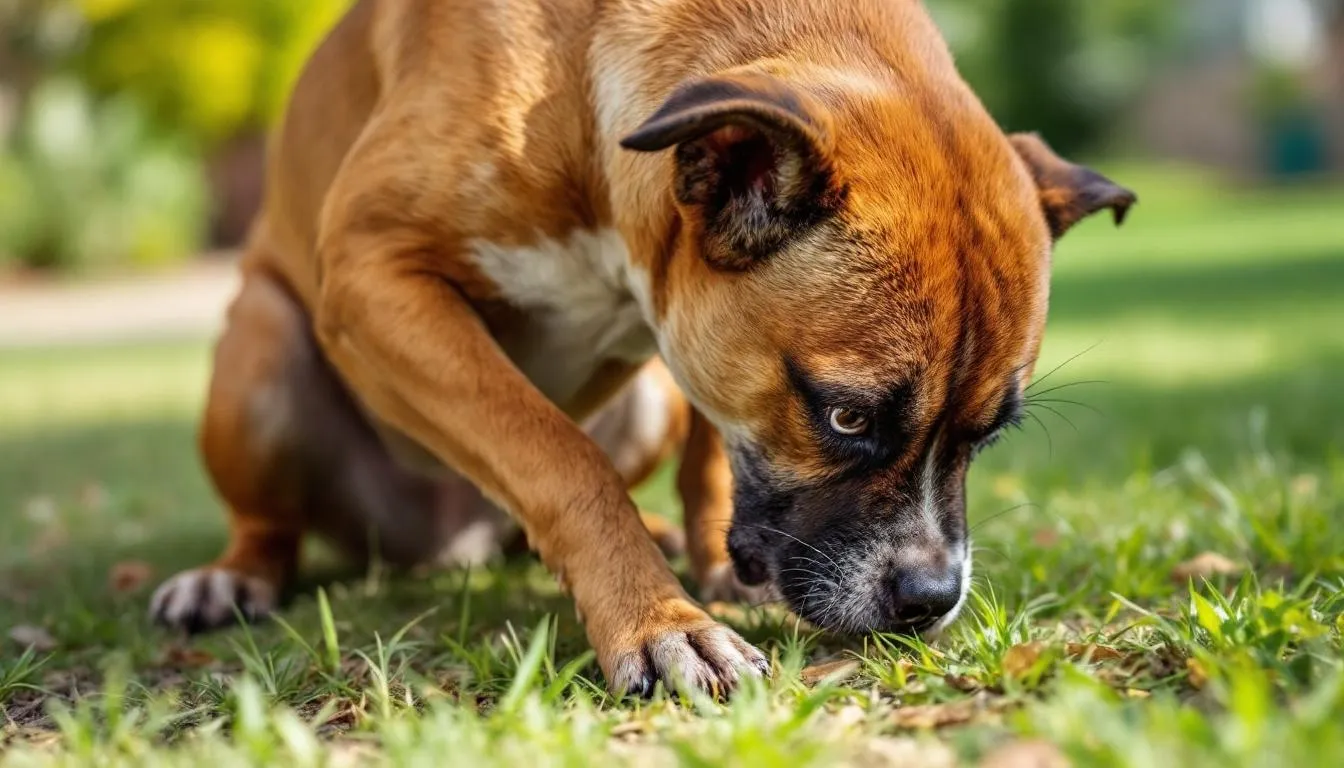 A dog appears visibly uncomfortable while trying to urinate outdoors, indicating potential issues such as bladder stones or a urinary tract infection. The dog