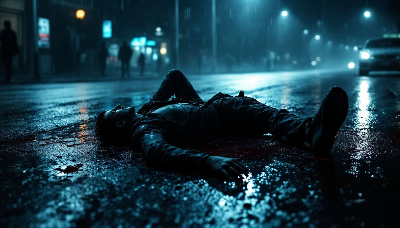 An injured pedestrian lying on the road after being hit by a car.