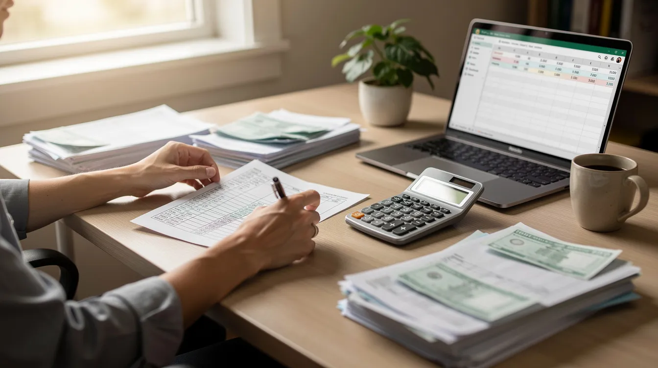 Eine Person sitzt an einem Schreibtisch und plant ihre Finanzen für den Kauf einer Immobilie. Auf dem Tisch liegen ein Taschenrechner und Unterlagen, die sich mit Kaufnebenkosten und der Budgetplanung für den Immobilienerwerb befassen.