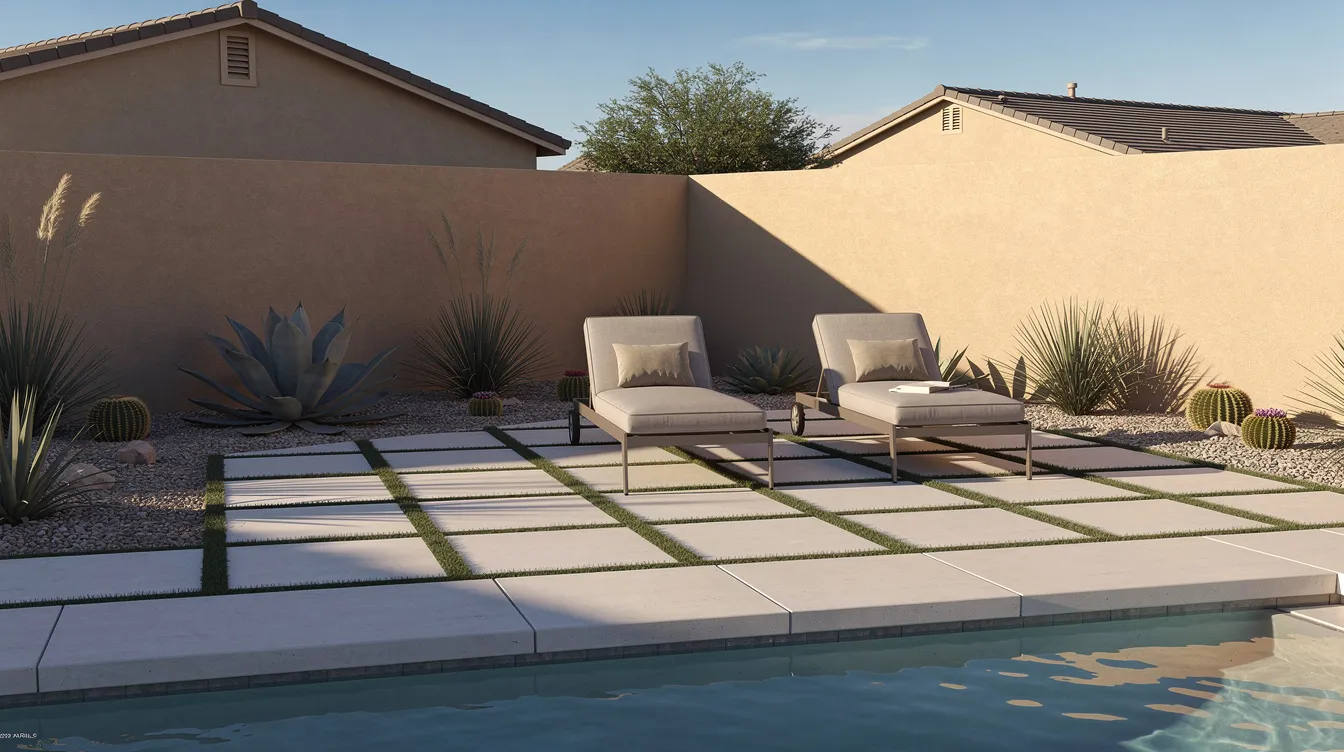 The image depicts a modern outdoor living space in a Chandler backyard, featuring light-colored patio pavers that create a sleek walkway around a pool edge. Surrounding the area are artificial grass strips, desert plants, and comfortable lounge chairs, enhancing the overall aesthetic and functionality of this inviting outdoor area.