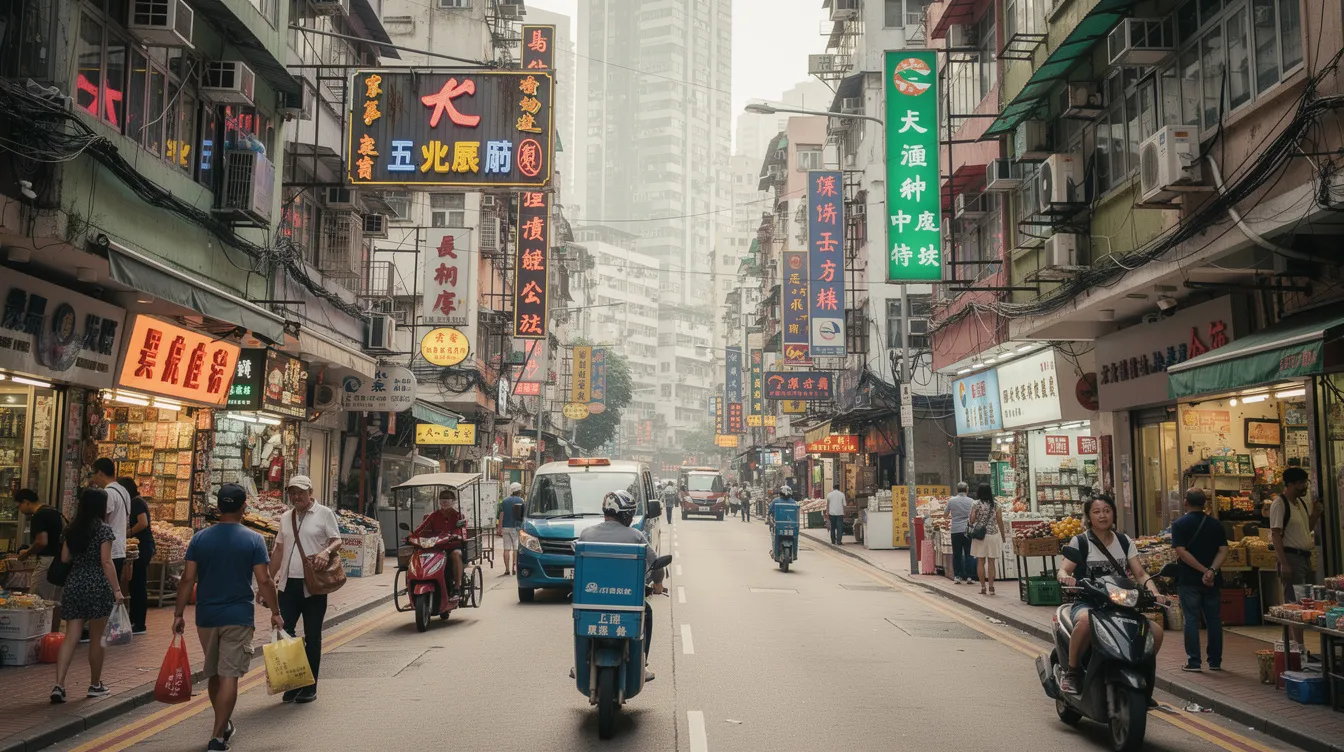 The image depicts a bustling commercial street in Hong Kong, lined with small shops and offices, showcasing the vibrant atmosphere typical of the area. Various signs in Chinese and English can be seen, indicating the presence of 中小企業 and inviting customers to 聯絡 我們 for the latest news.
