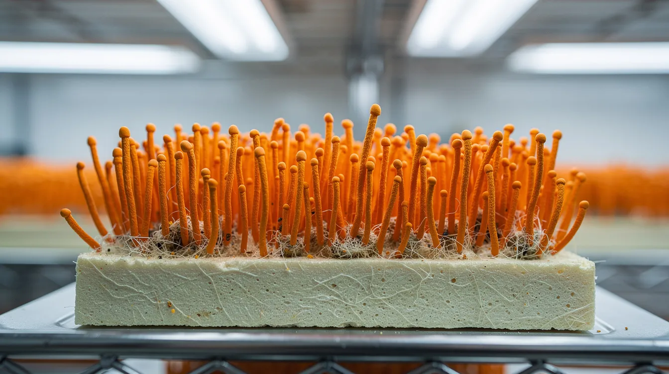 Bright orange Cordyceps militaris fruiting bodies are seen growing in tidy clusters on a substrate within a laboratory setting, highlighting their potential health benefits and role in traditional Chinese medicine as a source of cordyceps supplements. These edible mushrooms are known for their immune-stimulatory properties and are studied for their effects on exercise performance and overall health.