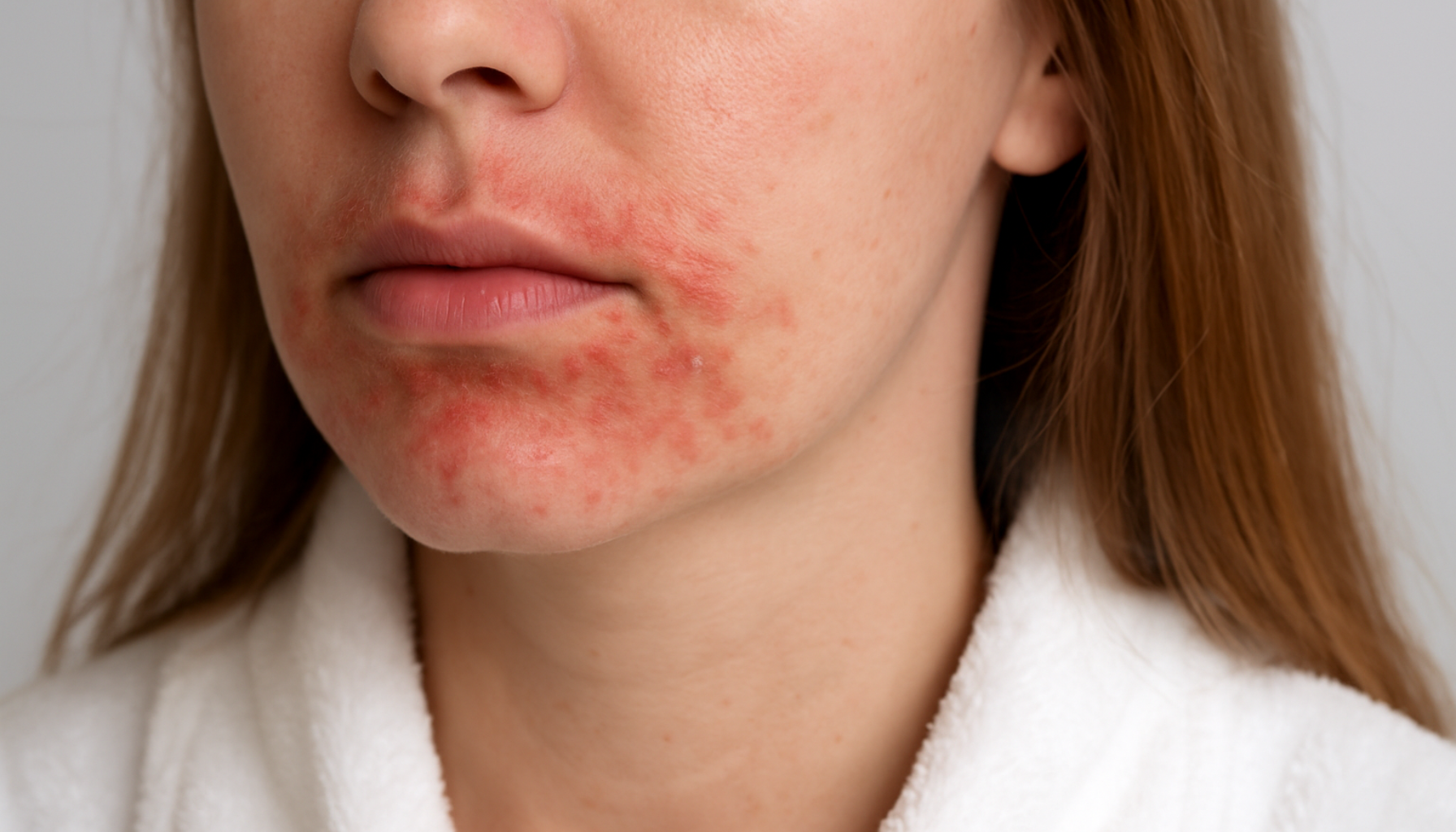 Nærbilde av kvinne med rød og irritert hud rundt munnen som viser utslett og betennelse.