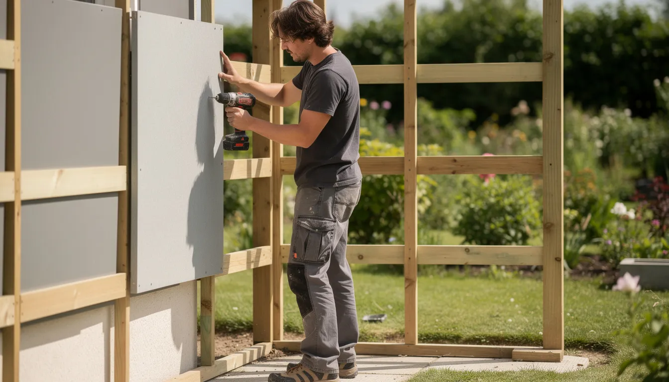Een persoon bevestigt een decoratief wandpaneel op een houten regelwerk in een tuin, waarbij de strakke afwerking en natuurlijke uitstraling van het paneel goed zichtbaar zijn. Dit wandpaneel is ontworpen om bestand te zijn tegen verschillende weersomstandigheden en biedt een stijlvolle oplossing voor het verfraaien van de buitenruimte.