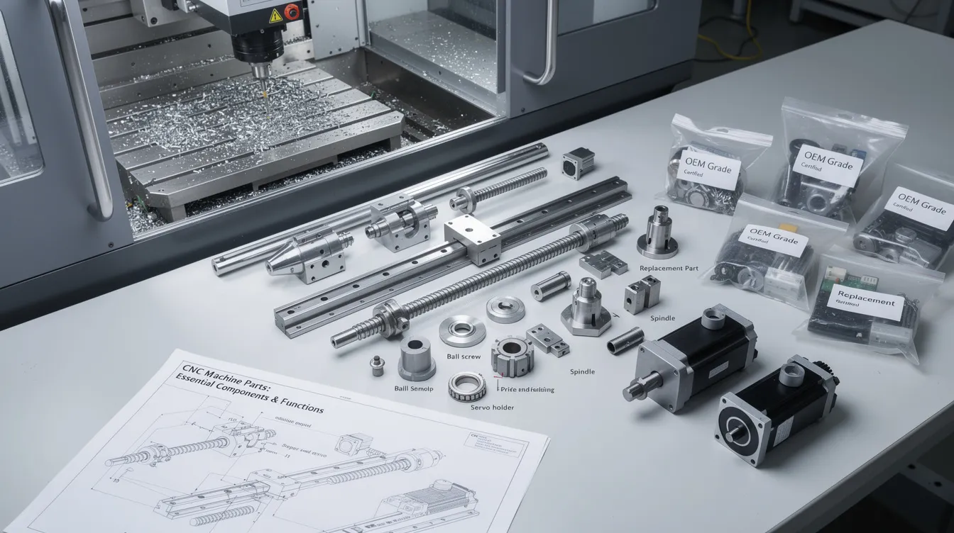 The image showcases various essential components of a CNC machine, including the machine control unit, tool turret, and automatic tool changer, all designed for precision machining and efficient machine operations. It highlights critical elements like the spindle, ball screws, and control panel, which work together to enhance machining accuracy and improve overall machine performance.