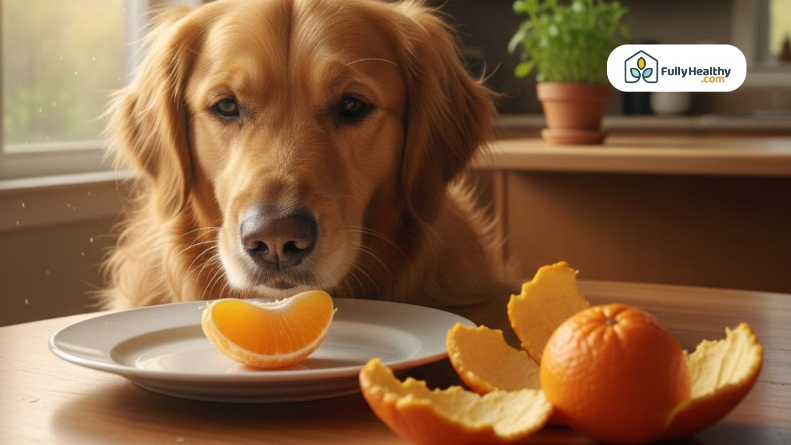 Dog staring at an orange on a white plate