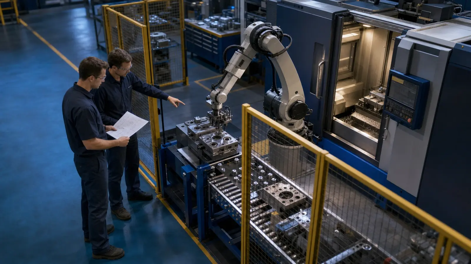 Robot arm work cell on a factory line where engineers prepare a new robot integration