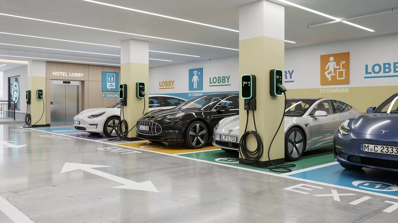 The image depicts a hotel parking garage featuring multiple electric vehicle (EV) charging stations with clear wayfinding signage on the walls, designed to assist EV drivers in locating charging options easily. This setup enhances the hospitality experience for guests, ensuring they have convenient access to energy for their vehicles during their stay.