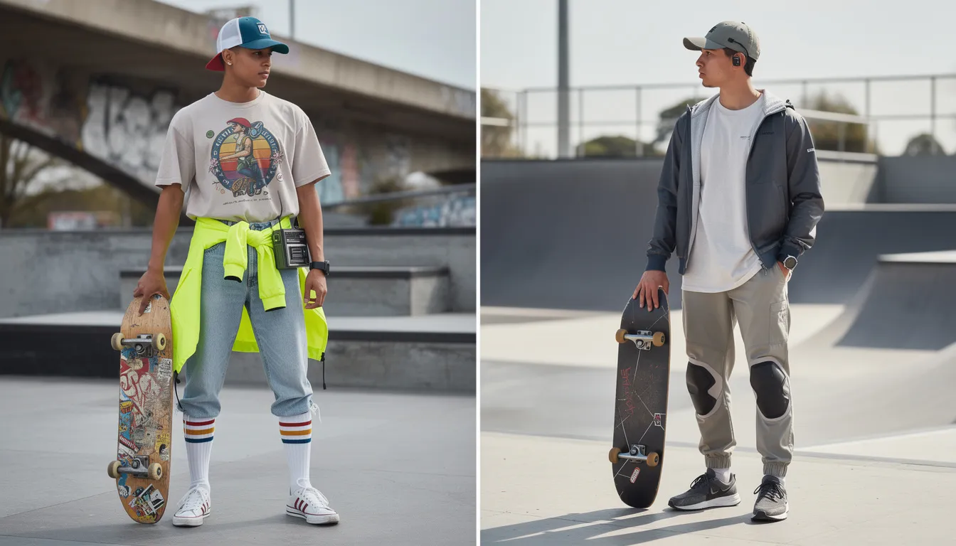 The image showcases a side-by-side comparison of 1980s skate apparel and 2026 skate apparel, highlighting the evolution of skater fashion. On one side, you see classic baggy jeans, flannel shirts, and graphic tees, while the other features modern relaxed fit clothing, oversized hoodies, and trendy skate shoes from popular brands like Vans and Nike SB, reflecting the laid-back vibe of contemporary skate culture.