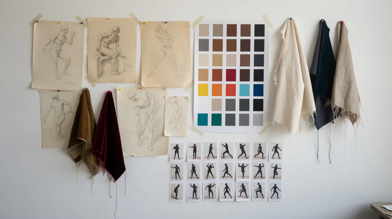 Techniques for Creating Erotic Illustrations: From First Sketch to Finished Art 5 - Consent Culture The image features a curated mood board pinned to a wall, showcasing classical figure studies, vibrant color swatches, various fabric samples, and small pose reference thumbnails, all reflecting the artist's exploration of the human form and intimacy in erotic art. This collection serves as a visual narrative, illustrating the creative process and techniques that inspire the artist's work.