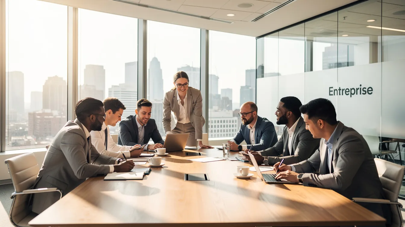 L'image montre des professionnels engagés dans une discussion collaborative autour d'une table de réunion dans un bureau moderne et lumineux. Cette scène illustre l'importance des relations au travail et de la coopération entre collègues pour favoriser un environnement de travail respectueux et motivant.