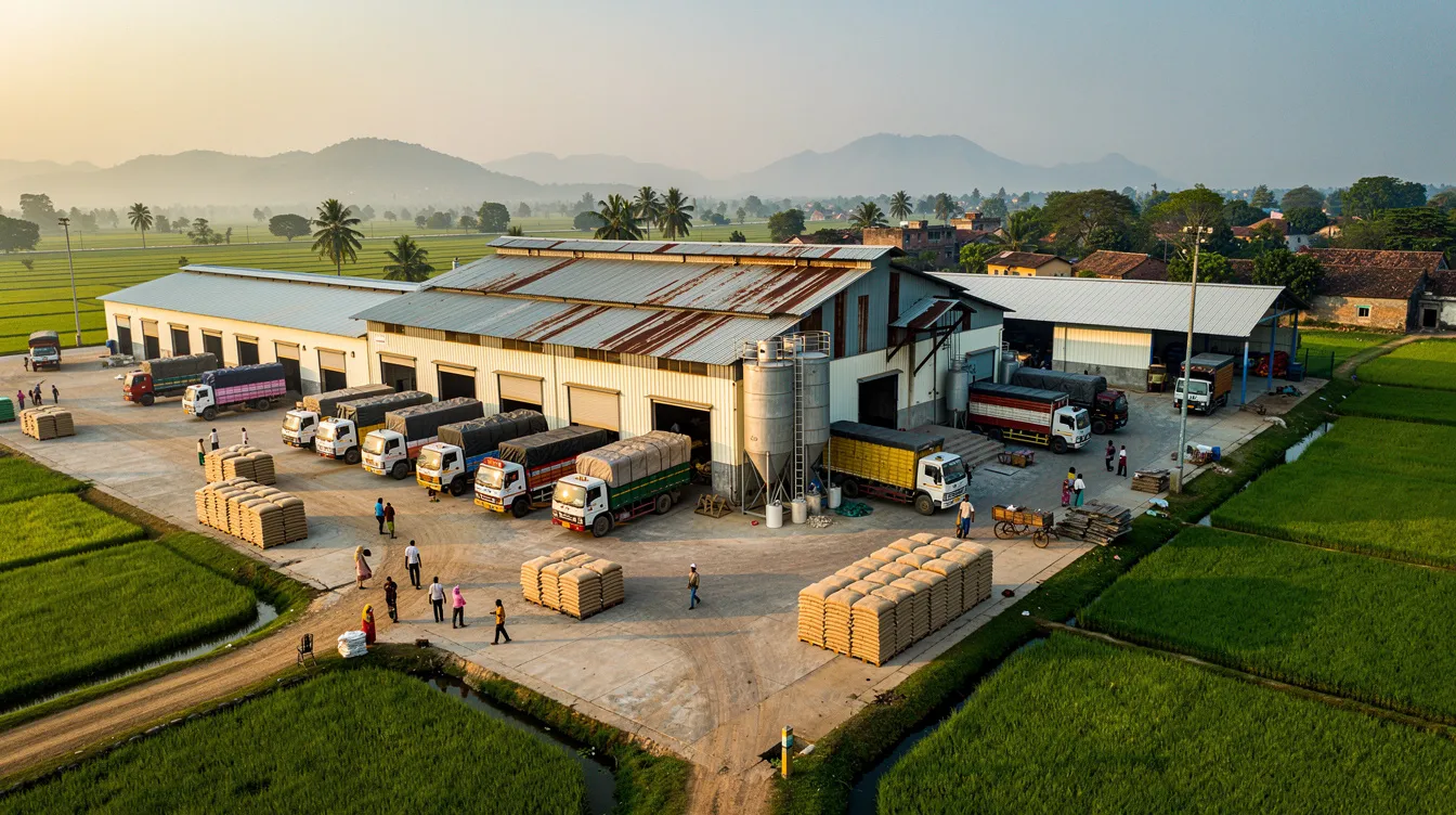 7ee6030f 15e3 4942 91b9 ab3f1cc59f55 An aerial view of a rice mill compound in a rural Indian setting showcases various storage buildings and trucks, highlighting the operational efficiency of the rice mill business. This image reflects the entire process of rice processing, from raw materials to finished products, essential for understanding the feasibility study of a rice mill project.