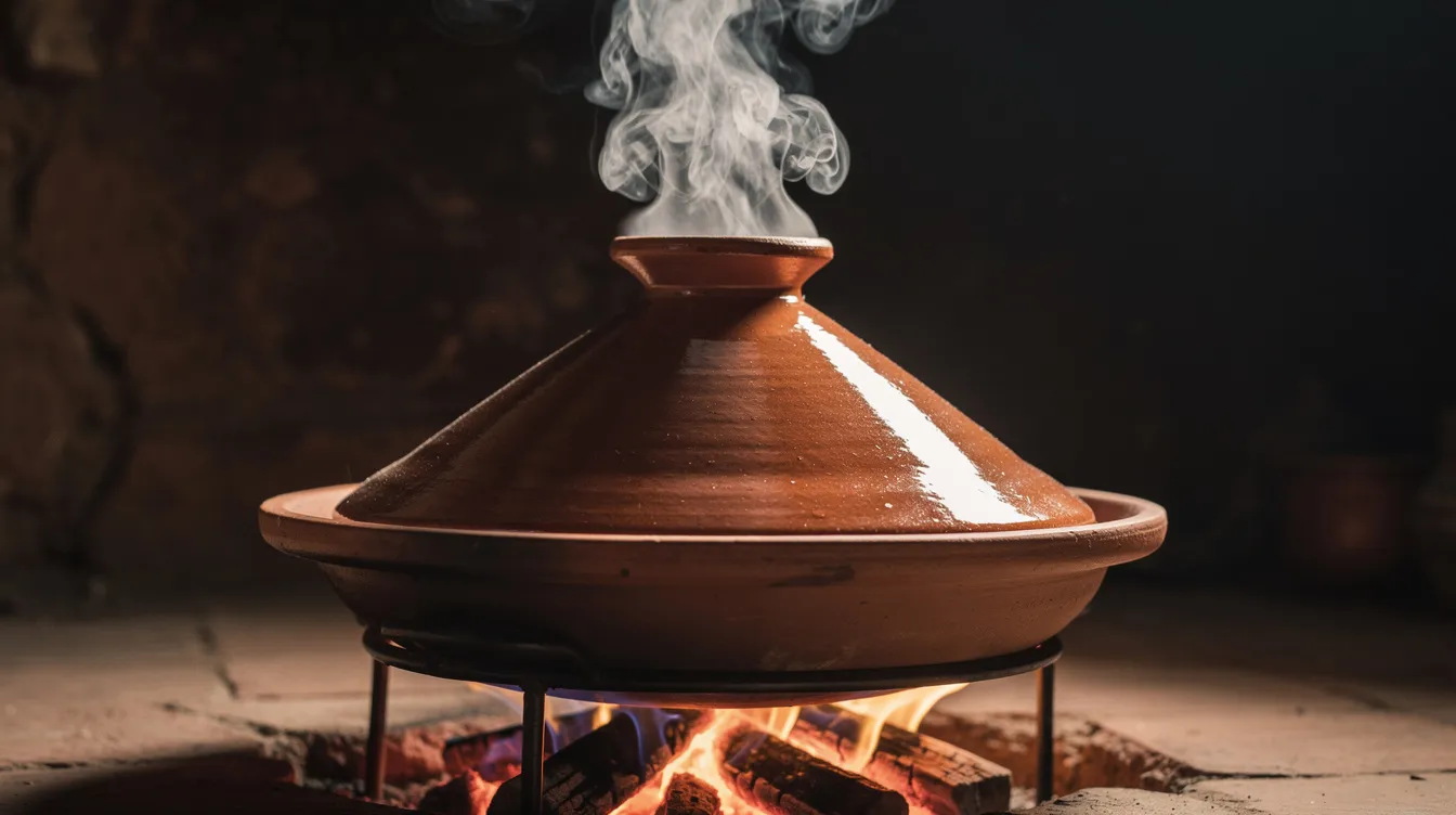 A traditional clay tagine pot sits over an open flame, with steam rising from its lid, symbolizing the rich culinary heritage of Morocco. This image captures the essence of Moroccan cooking, a vital part of everyday life and culture, inviting travelers to explore the country's amazing food scene.