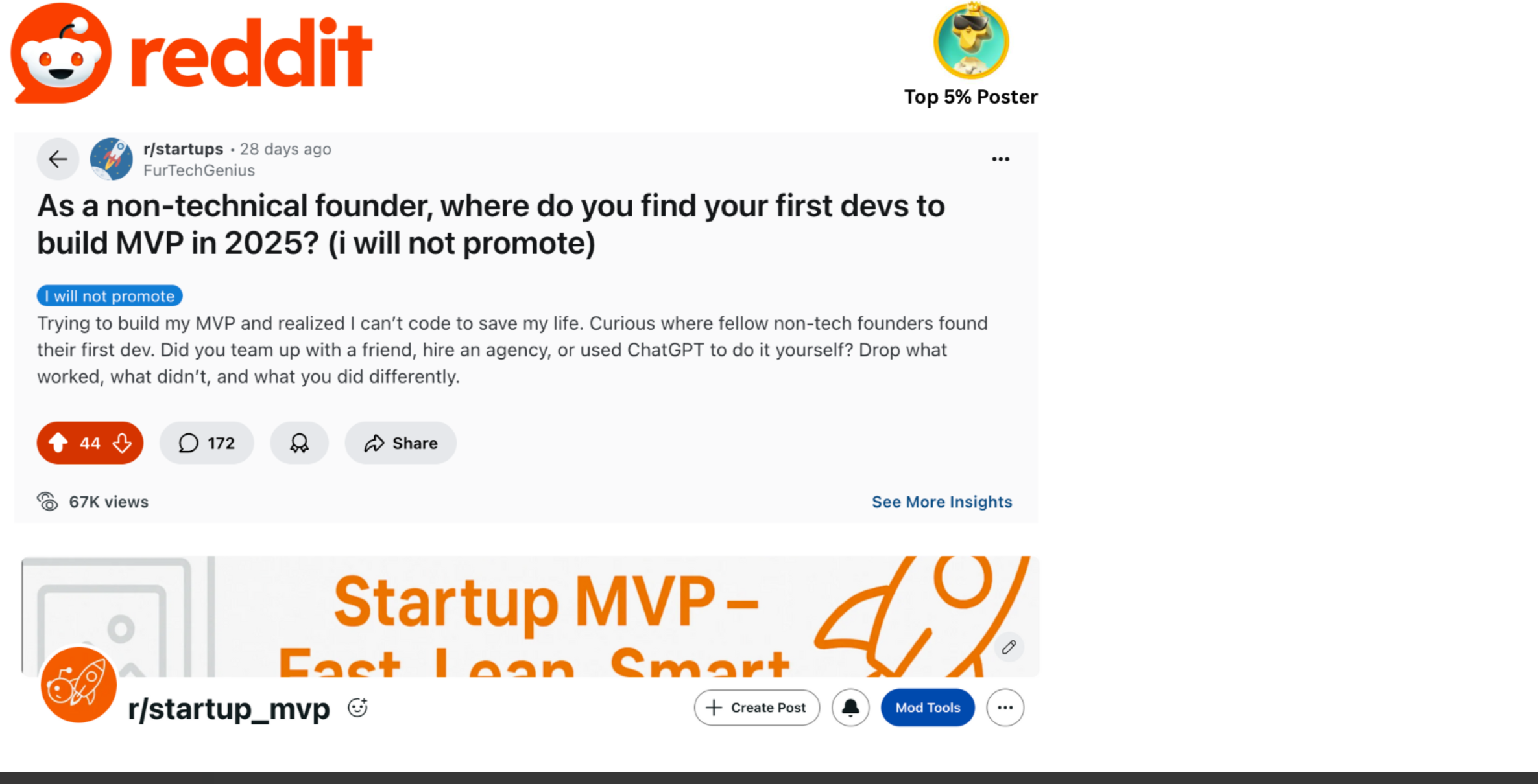 Author participation and contribution in the Reddit platform to help startup community. Top 5% record holder.