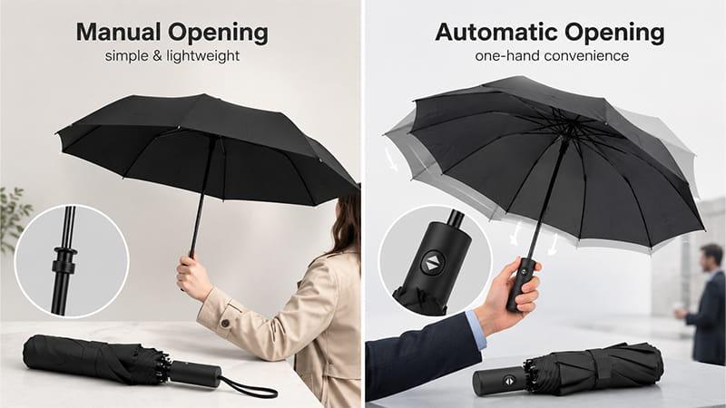 Manual opening umbrella and automatic opening umbrella comparison for daily use and convenience