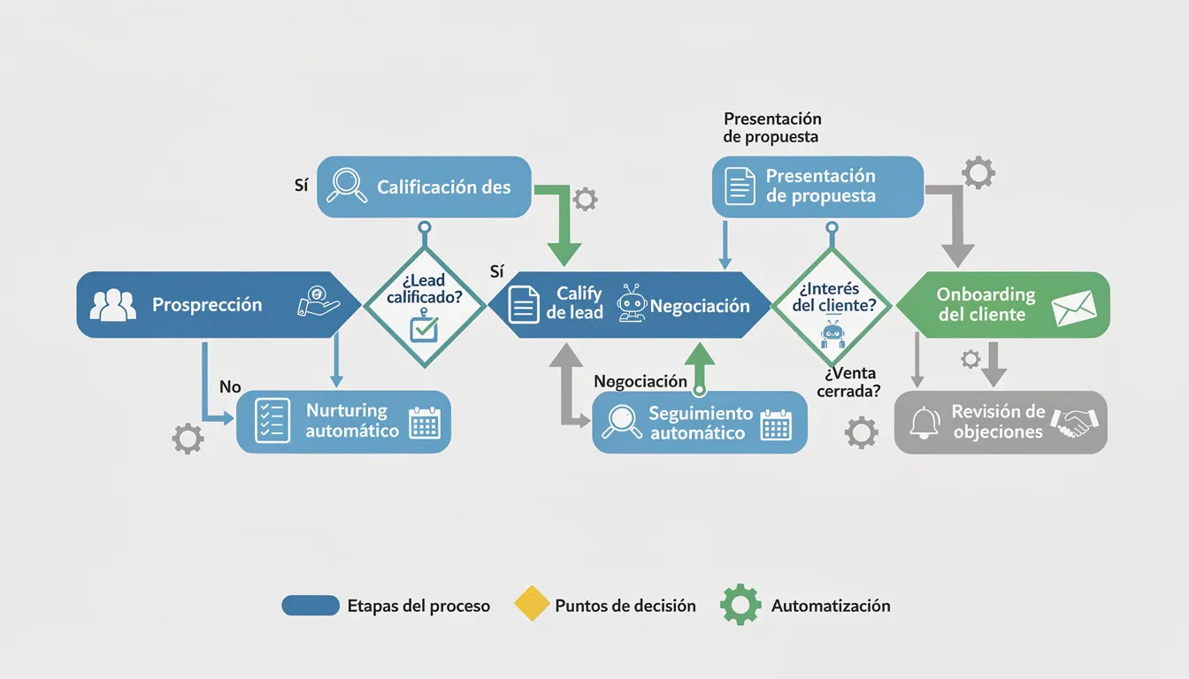 Diagrama de flujo que ilustra el proceso de ventas con automatización integrada, mostrando los puntos de decisión clave y la interacción entre asistentes virtuales y el equipo de ventas. Este esquema destaca la importancia de la gestión de datos y la comunicación con clientes potenciales a través de diversas herramientas y plataformas.