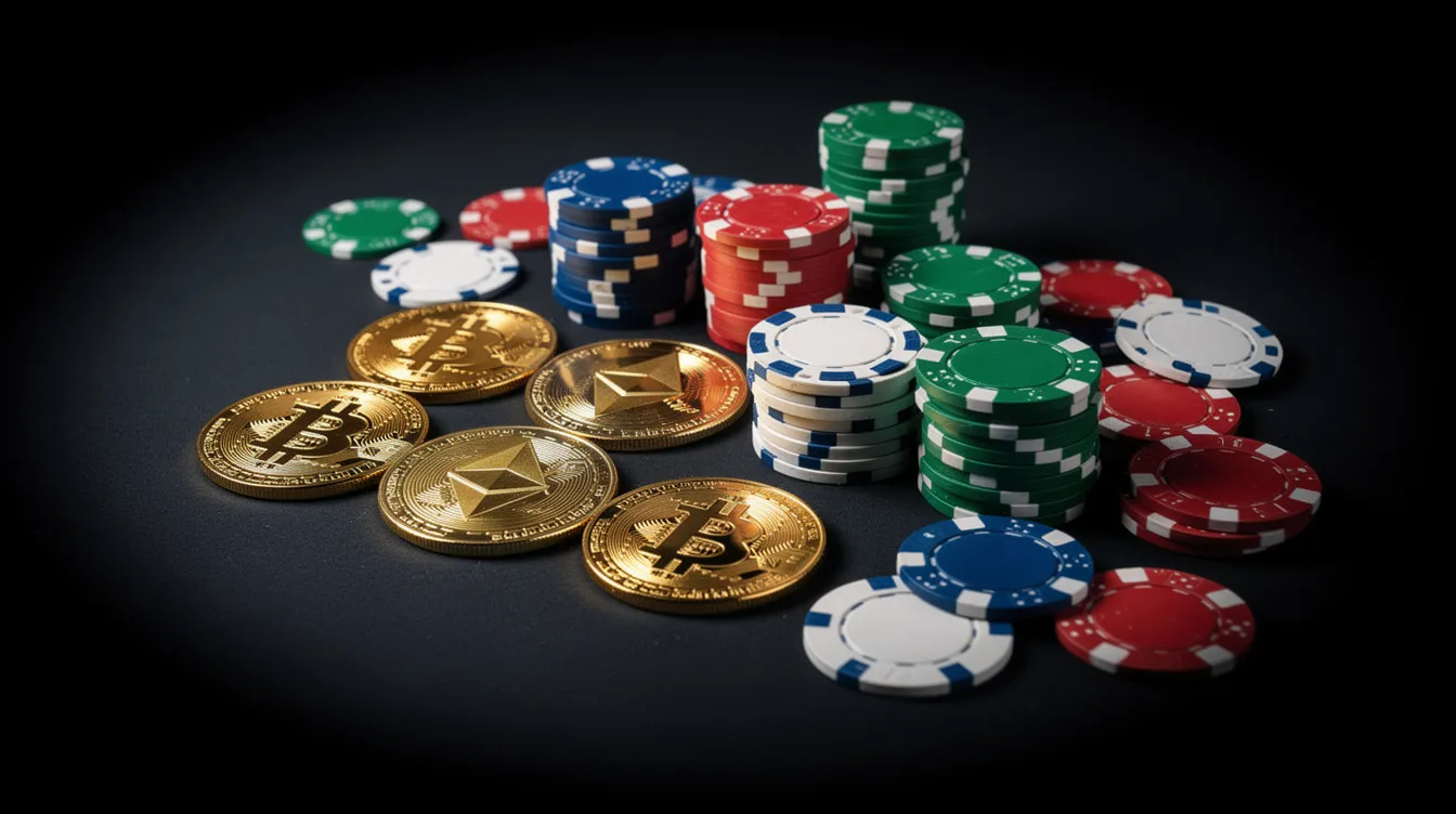 The image features shiny golden Bitcoin and Ethereum coins placed alongside vibrant casino poker chips on a dark surface, symbolizing the intersection of cryptocurrency and online gambling, particularly in non gamstop casinos. The arrangement highlights the appeal of using digital currencies in reputable casino sites for a modern gaming experience.