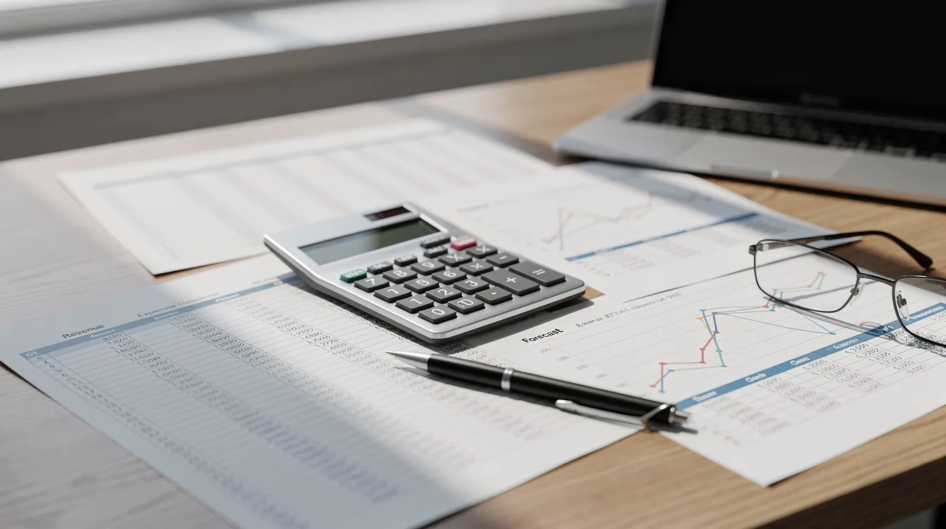 The image depicts a calculator alongside financial spreadsheets on an office desk, illustrating the tools used for managing payroll expenses and calculating employee retention credits. This setup is essential for employers to track qualified wages paid and ensure compliance with tax credit claims, such as the employee retention tax credit for eligible employers.