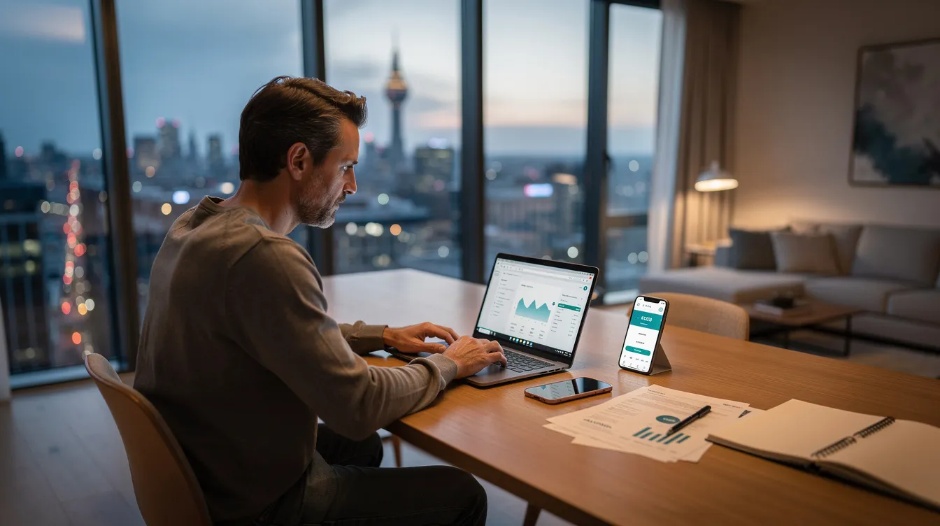 A person is sitting at a modern desk in an apartment, using a laptop and smartphone to manage their finances remotely, likely utilizing a roshan digital account to undertake banking activities as a non-resident Pakistani. The scene reflects a comfortable and efficient workspace, highlighting the convenience of online banking and investment opportunities from abroad.