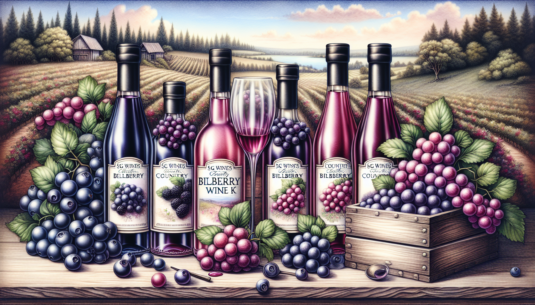 Illustration of bilberries and wine bottles