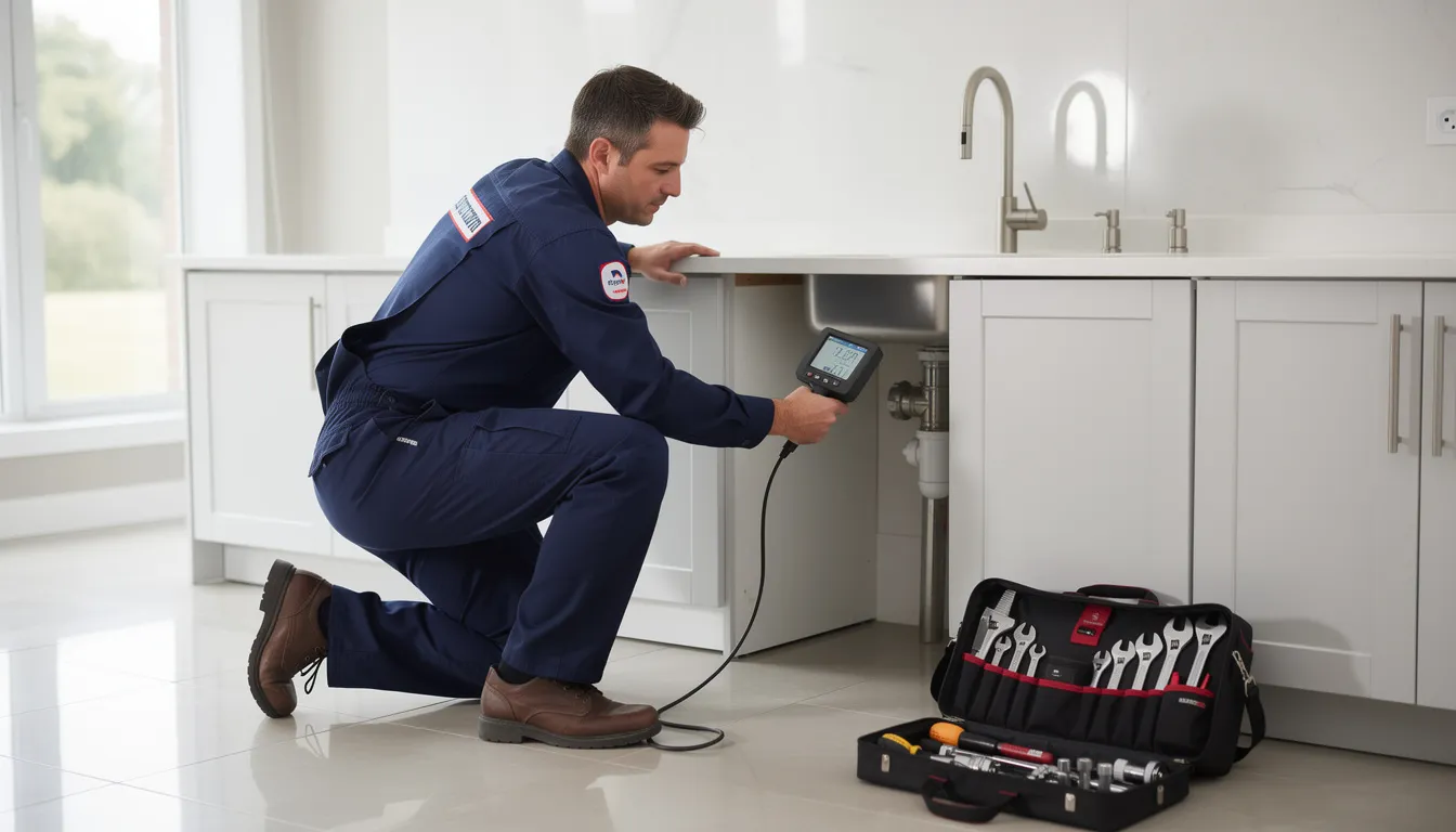 The image shows a professional plumber in work gear, utilizing diagnostic equipment to inspect an existing sewer line for potential damage. The plumber is focused on identifying issues that may affect the home's plumbing system, ensuring efficient sewer line repair or replacement.