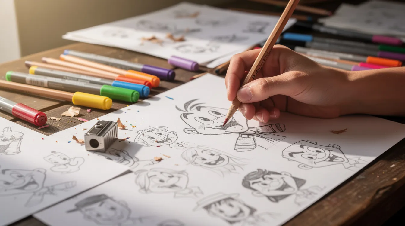 A person is sketching cartoon character concepts on paper, surrounded by an array of colored pencils and markers on a desk, showcasing their creativity in logo design and brand identity. This scene captures the essence of creating a memorable mascot logo that reflects a fun and engaging personality for a brand.