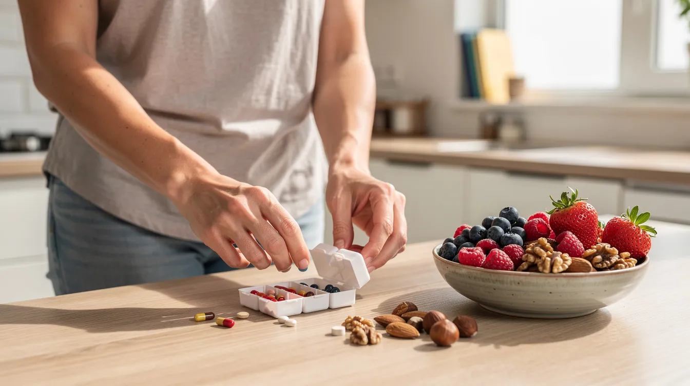 An adult is preparing brain health supplements next to a bowl filled with fresh berries and nuts, which are known for their benefits in supporting cognitive function and overall health. This scene highlights the importance of a healthy diet and good habits for maintaining brain health and reducing the risk of cognitive decline.