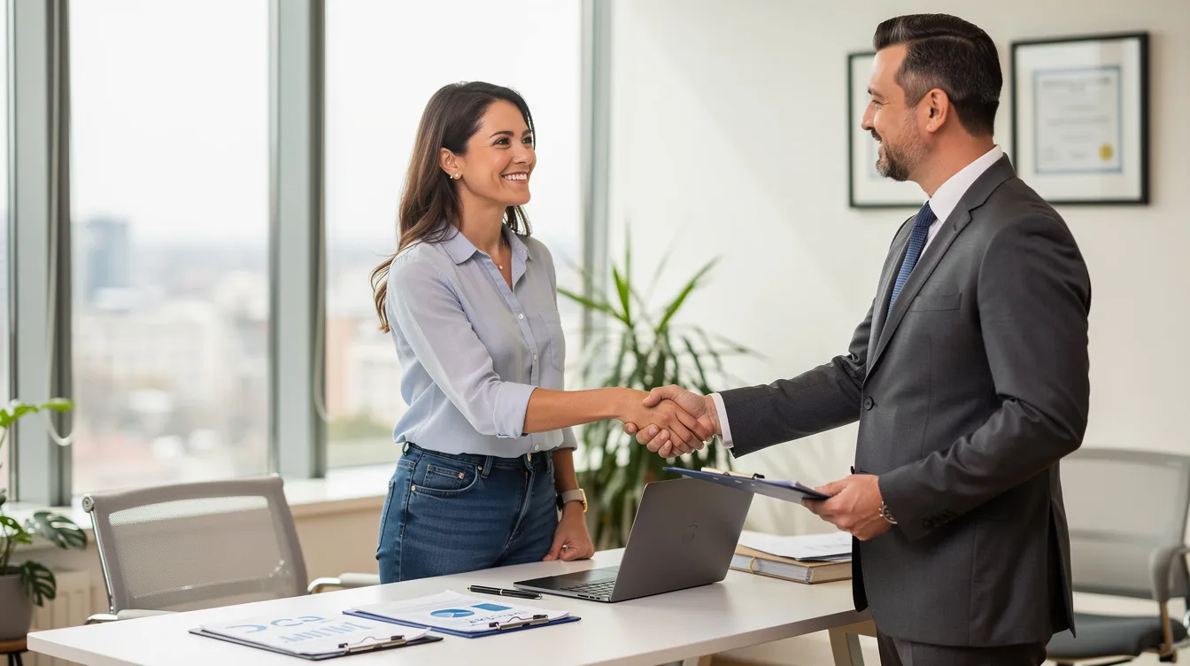 7ef464aa ab3c 4d16 8184 4a5cc1790ca3 A confident small business owner is shaking hands with a professional advisor in a well-lit office setting, symbolizing a successful partnership. This interaction reflects the importance of guidance in navigating financial services and the procedures related to loans, such as the Mudra loan scheme, under the oversight of the Reserve Bank of India.