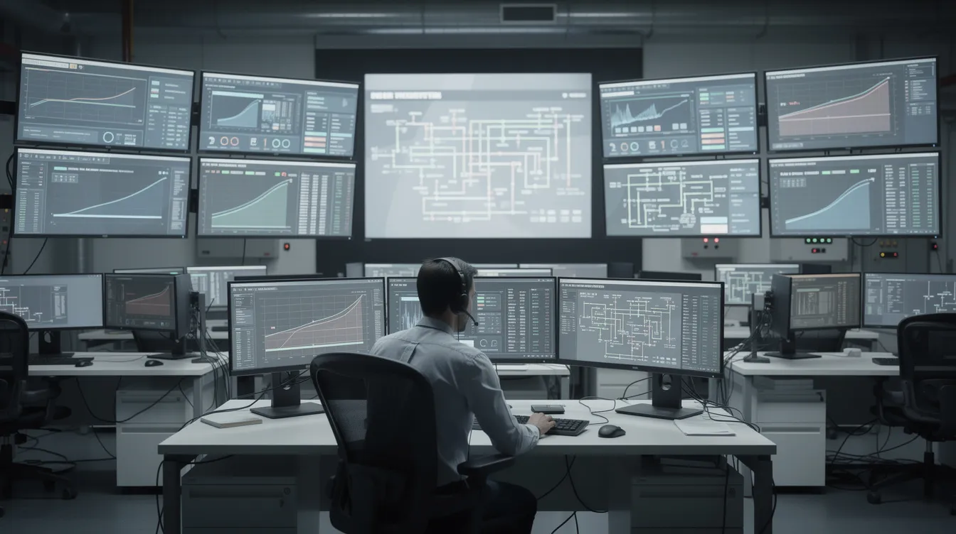 7ef47e6a 5d8e 4708 a6c5 3c23db99bbd5 The image depicts a modern industrial control room where an operator is monitoring multiple computer screens displaying data related to the ethanol production process. The setup suggests a focus on the fermentation and distillation processes, essential for producing fuel grade ethanol efficiently.
