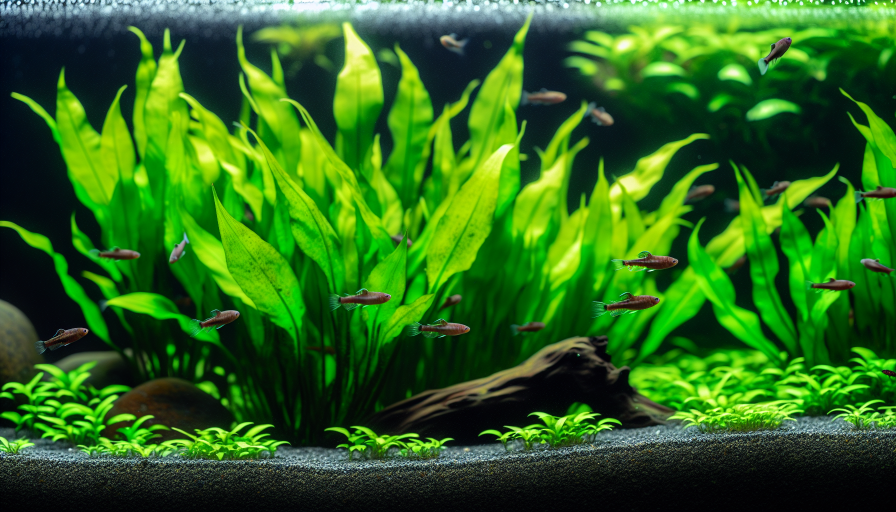 Aquascape with strategically placed Cryptocoryne plants