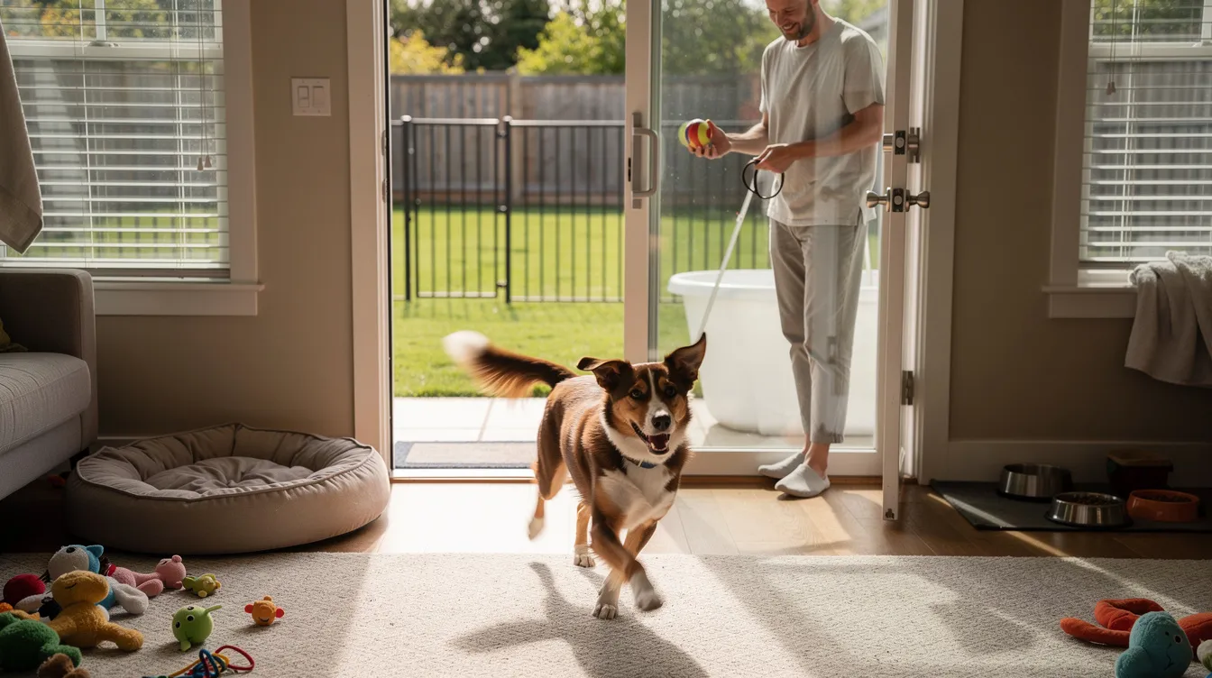 The image depicts a young Labrador Retriever joyfully experiencing a burst of energy, commonly known as "dog zoomies," in a spacious yard. The dog's body language shows excitement as it runs in playful circles, embodying the normal behavior of many dogs, especially after a bath or during moments of high arousal.