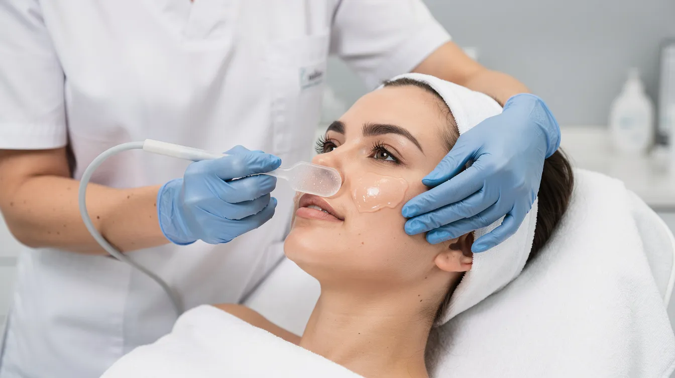 A clinician is applying a cooling gel to a patient's skin before administering an intense pulsed light (IPL) treatment for skin rejuvenation. This step helps prepare the treatment area by soothing the skin and minimizing discomfort during the procedure.
