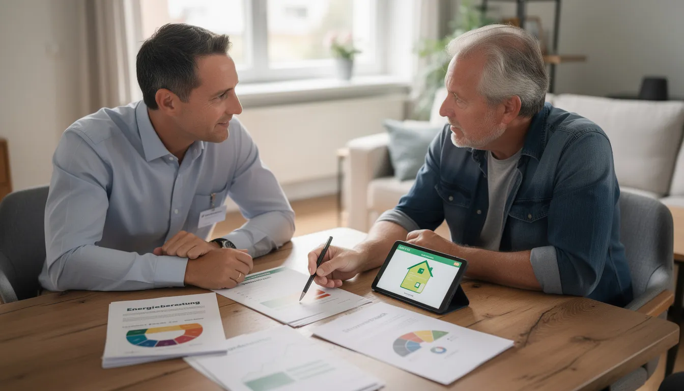 Ein Energieberater erkl&auml;rt einem Hausbesitzer die Vorteile einer elektrischen Fu&szlig;bodenheizung, w&auml;hrend sie gemeinsam Dokumente auf dem Tisch durchsehen. Auf dem Tisch liegen verschiedene Unterlagen, die Informationen zu Heizl&ouml;sungen und Kosten enthalten, um eine angenehme W&auml;rme im Zuhause zu gew&auml;hrleisten.