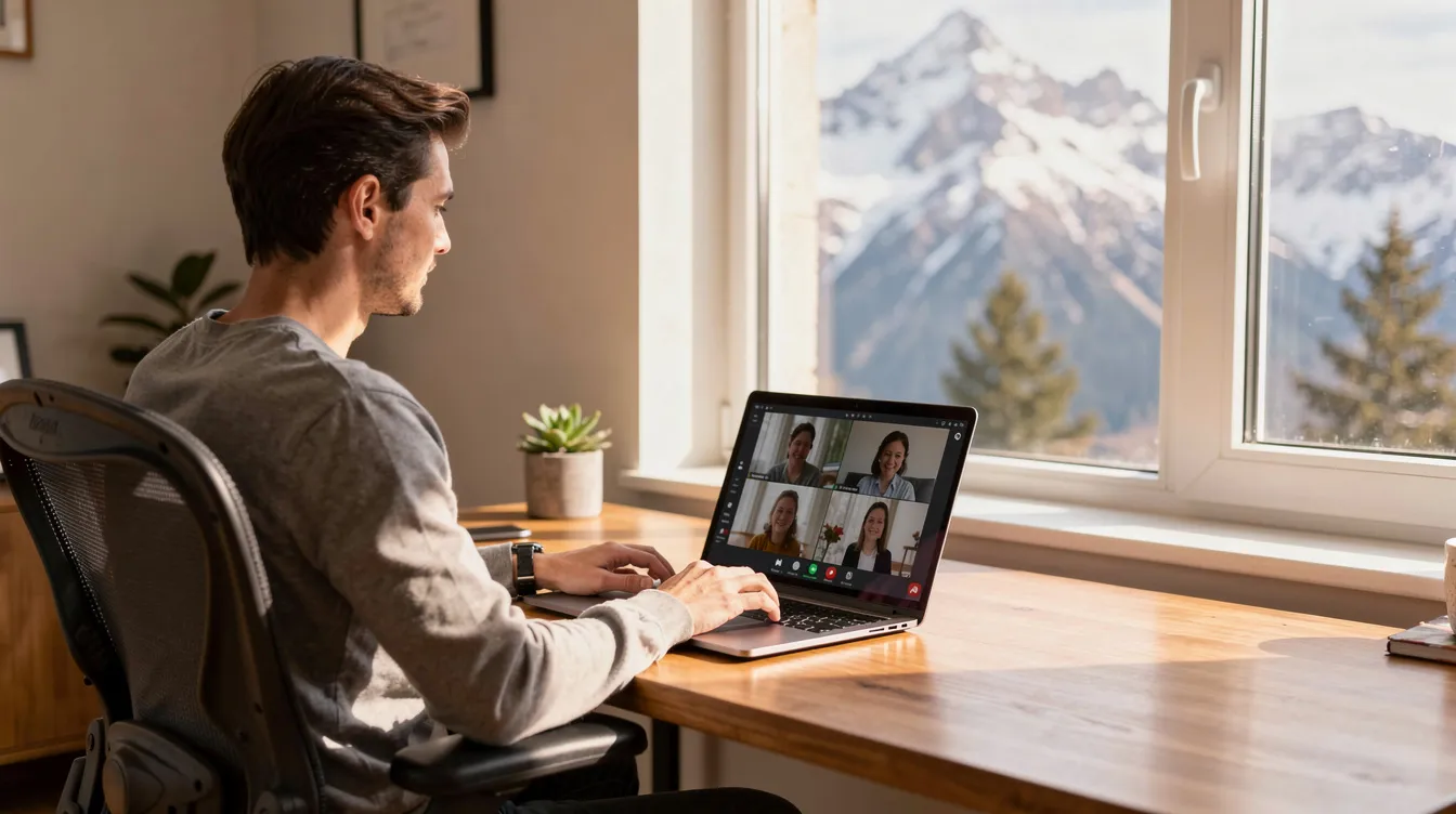 The image depicts a person participating in a video conference call from their home office, which features a window showcasing a scenic view of mountains. This setting suggests a blend of professional engagement and a serene environment, ideal for discussing workers compensation claims and providing legal help to injured workers.