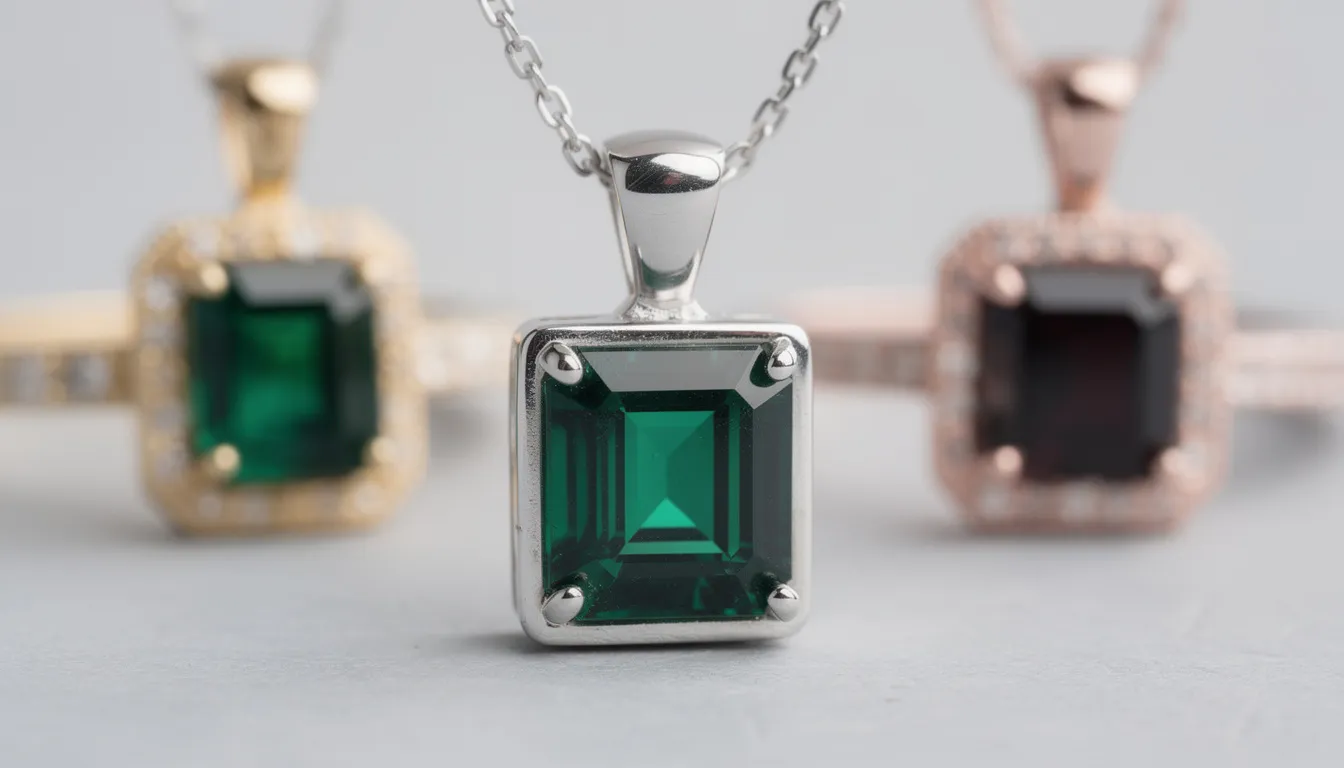 The image features a beautiful sterling silver necklace showcasing a stunning emerald pendant, highlighting the vivid green color of the gemstone against the sleek, modern aesthetic of the silver. This classic piece is perfect for those looking to add a touch of elegance to their jewelry collection.