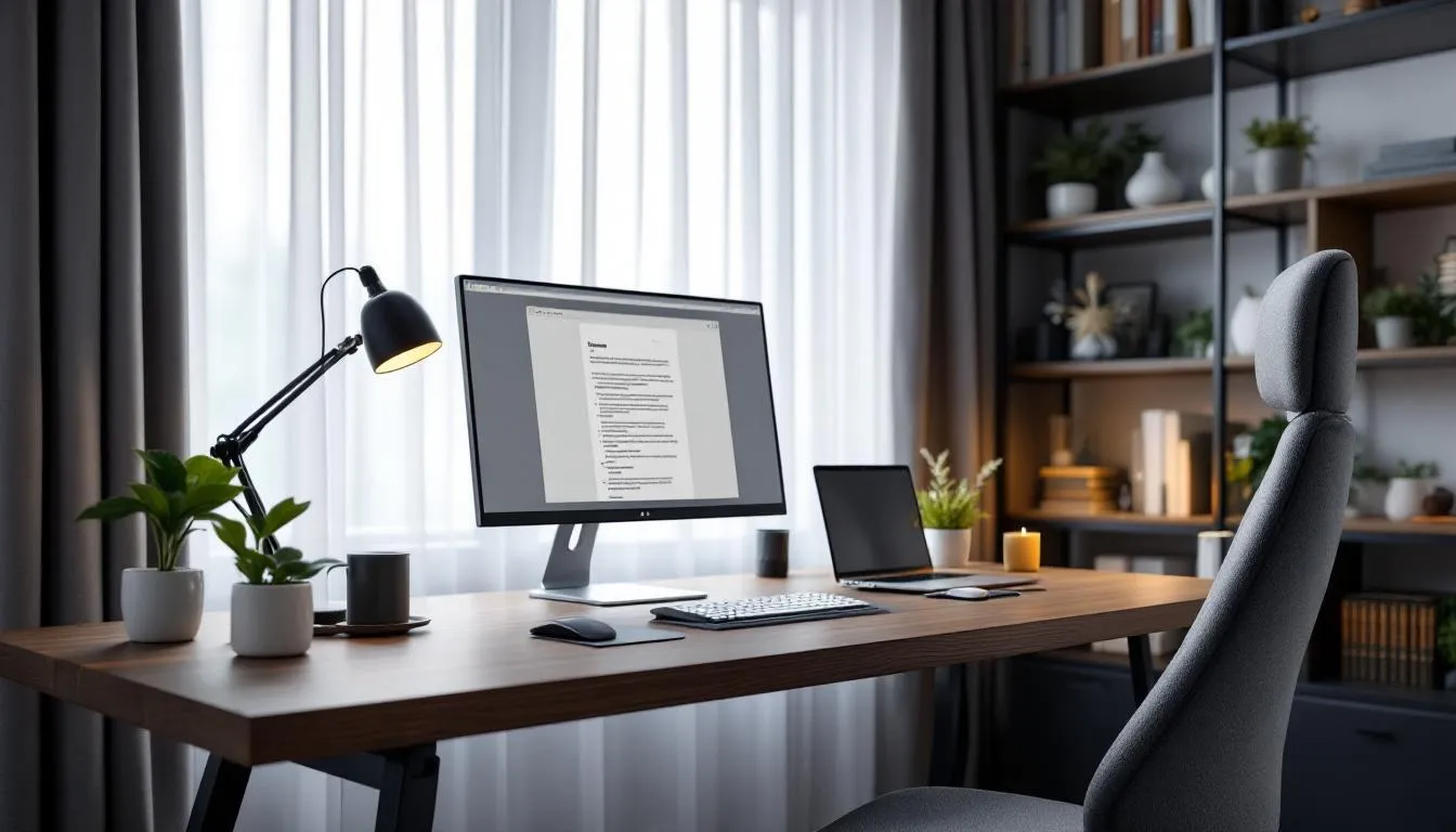 In der Abbildung ist ein moderner Arbeitsplatz zu sehen, der die Homeoffice-Option für Arbeitnehmer betont. Der Raum ist hell und freundlich gestaltet, um eine gute Work-Life-Balance zu fördern, während flexible Arbeitszeiten und Arbeitszeitmodelle für die Beschäftigten angeboten werden.
